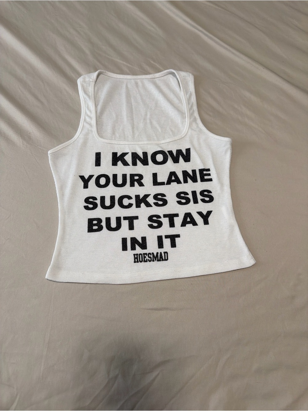 SHEIN White Graphic Tank Top with Black Text